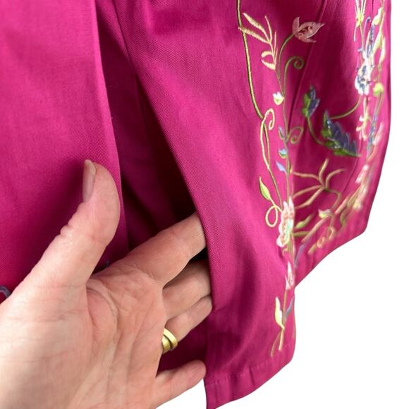 Quacker Factory Jacket Floral Butterfly Embroidered Full Zip Hot Pink Size Large - Picture 8 of 10
